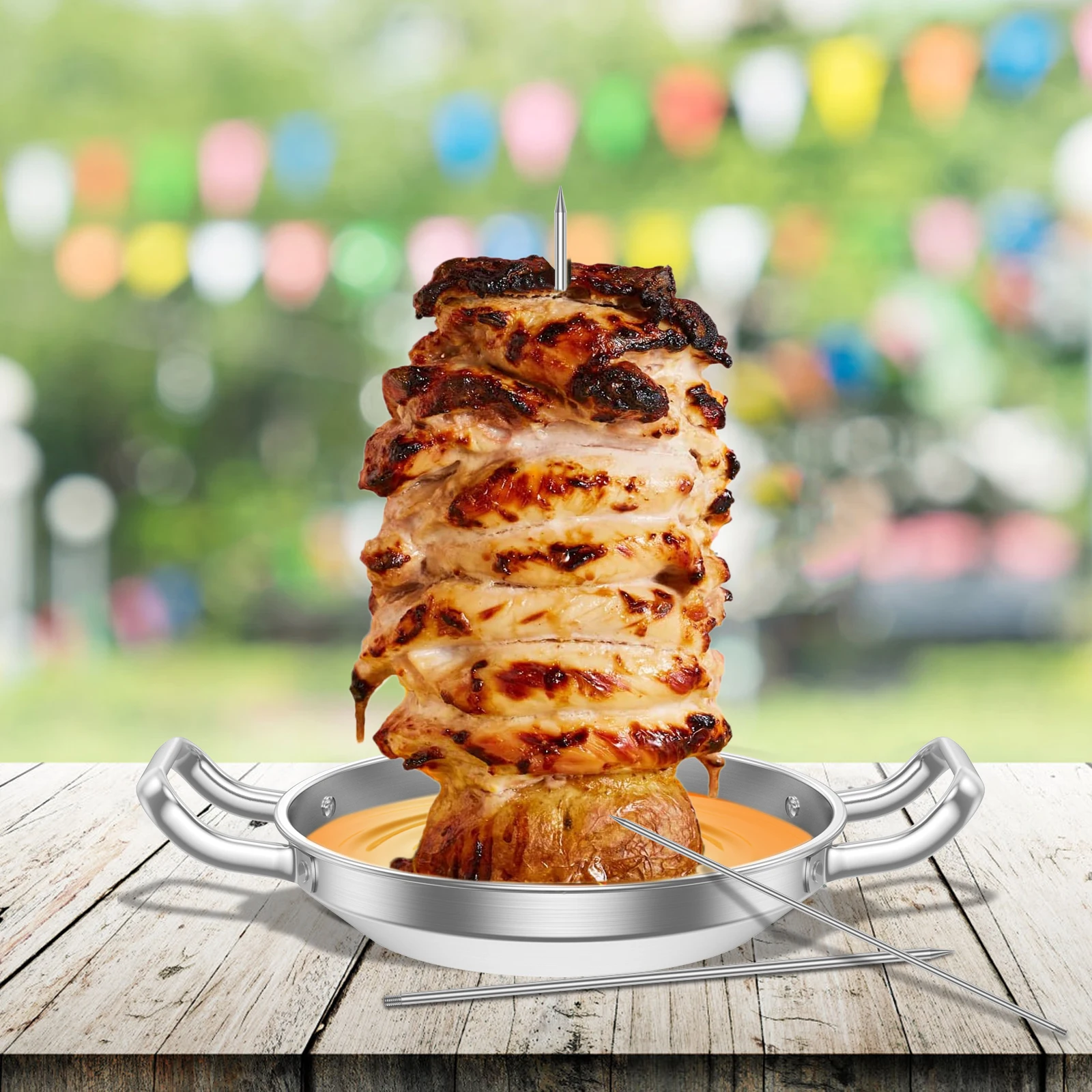 

Al Pastor Skewer Stainless Steel Vertical Skewer Stand BBQ Vertical Skewer Pan with Plate and 3 Removable Spikes Detachable