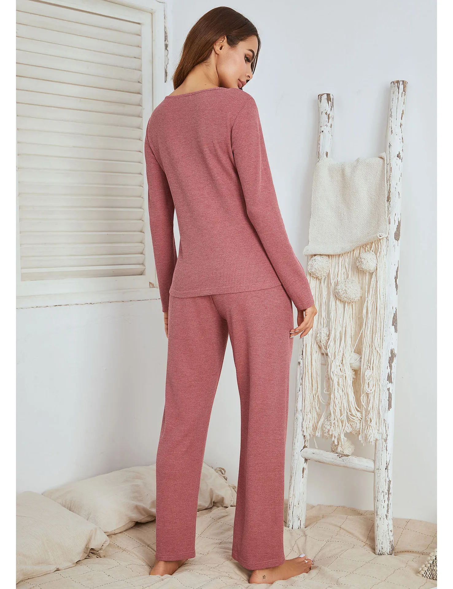 Set di abbigliamento da casa da donna in stile minimalista con maniche lunghe e pantaloni in cotone, set di indumenti da notte per la casa
