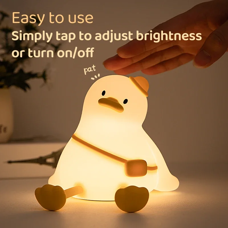 LED Night Light Cute Duck Silicone Touch Sensor Lamp Timer Nightlight Rechargeable Atmosphere Lights for Room Decor Kids Gift
