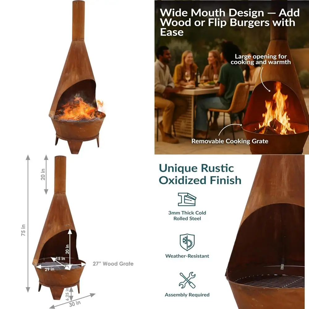 مدفأة كبيرة لحرق الخشب في الهواء الطلق بطول 6 أقدام مع شواية - حفرة نار بتصميم ريفي للترفيه في الفناء الخلفي
