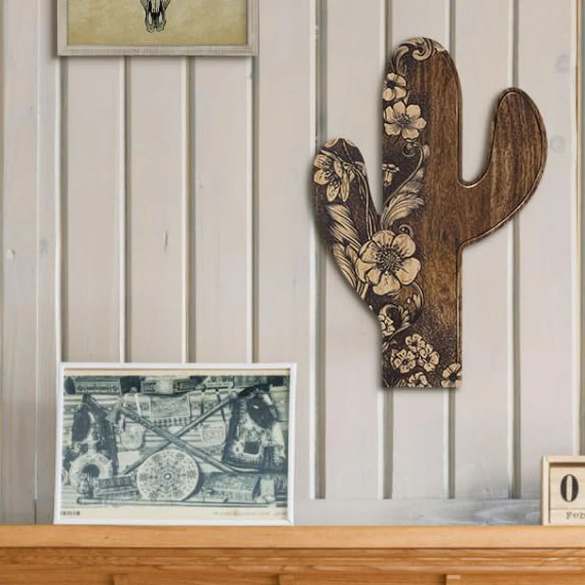 2Pcs Wooden Wall Decor Bohemian Style Cactus Decor, Farmhouse Wall Decor, Rustic Flower Patterns Wood Home Decor