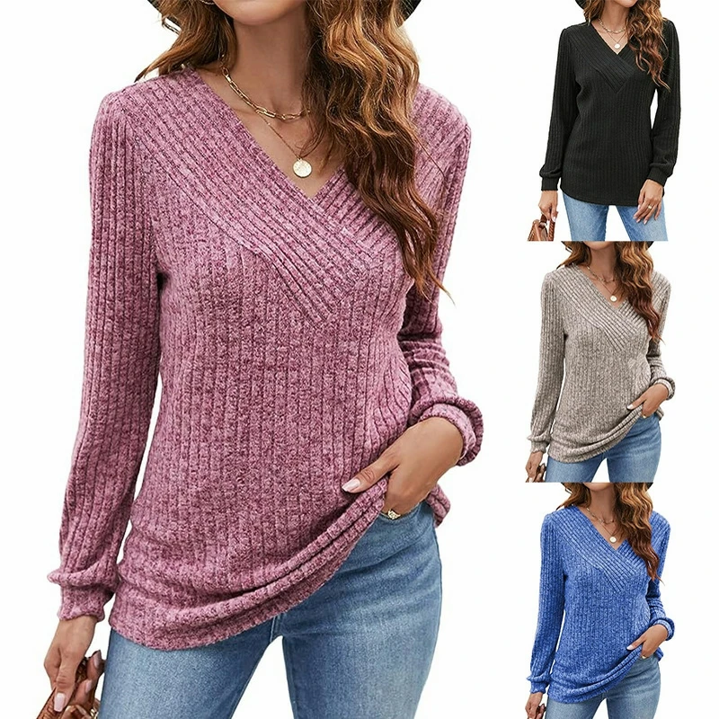 Tops informales de manga larga con cuello en V para mujer, sudaderas de talla grande para mujer, otoño e invierno, nuevo