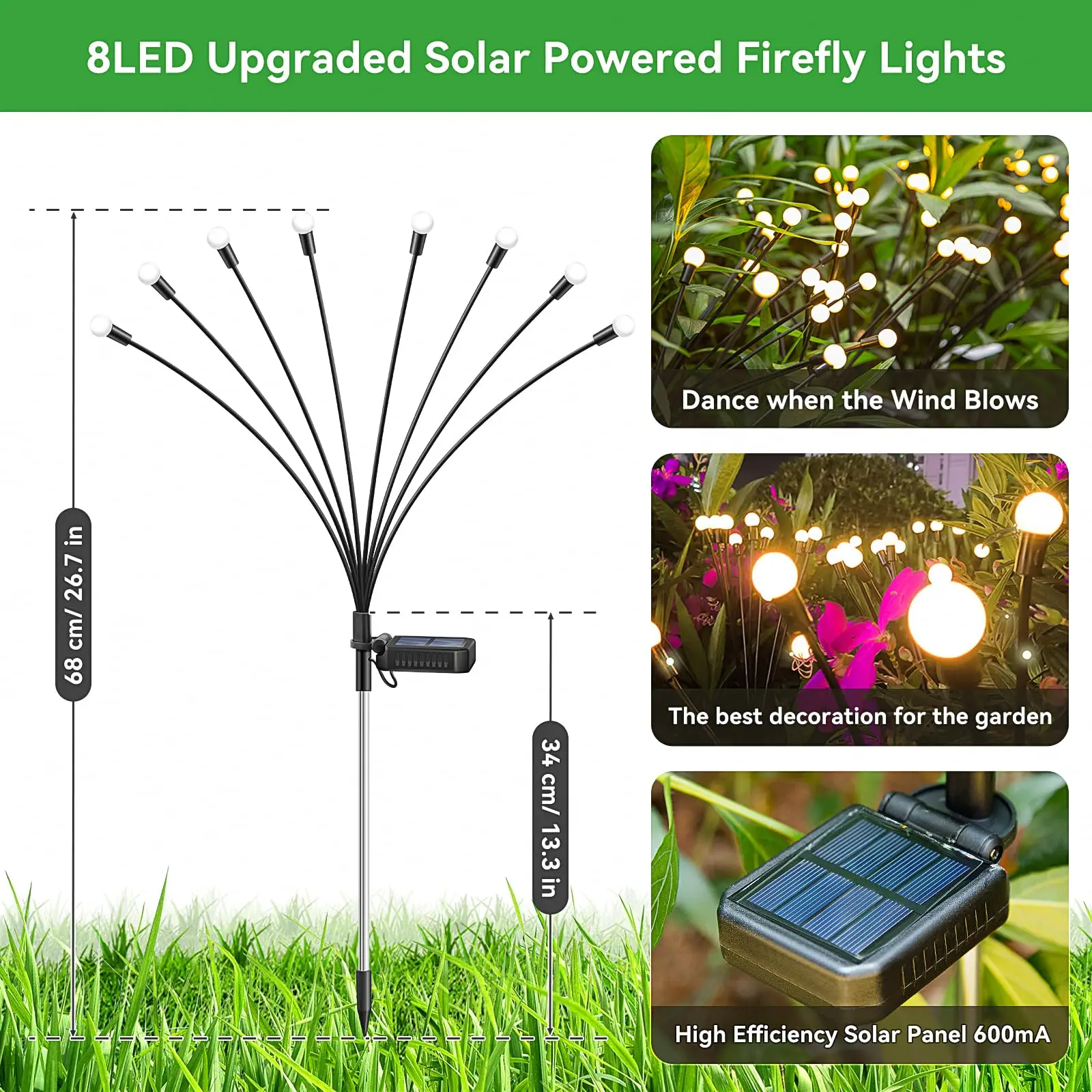 Solar Firefly Lights 8 LED Solar Garden Swaying Light Sway by Wind Solar Outdoor Light Waterproof Yard Pathway Decoration 1-10pc