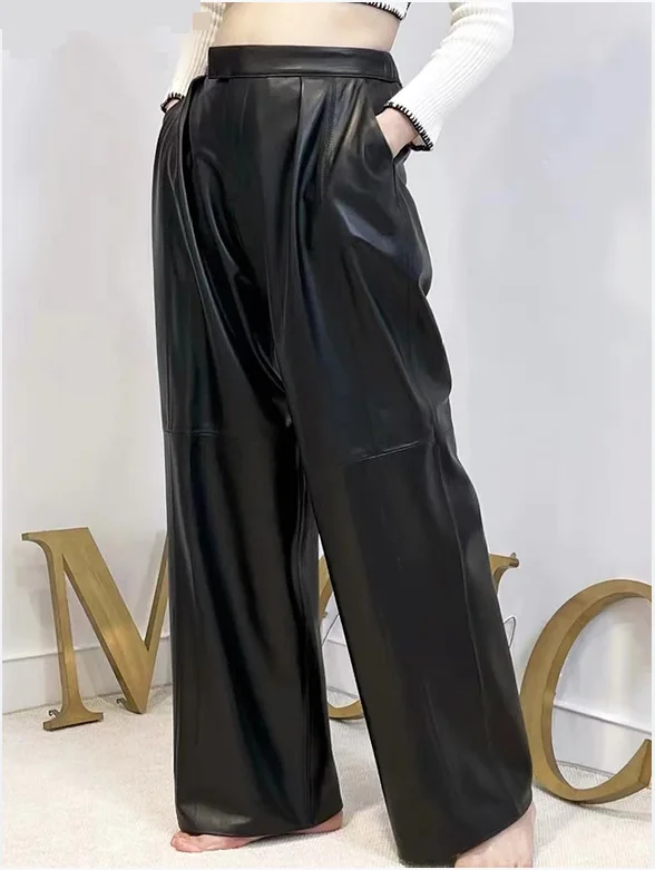 

Floor Length Leather Trousers Women Italian Fashion Ladies High Quality Genuine Sheepskin Loose Wide Leg Waterfall Long Pants