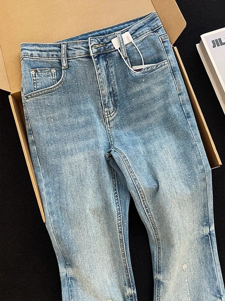 Letnia Moda Nowy Diamentowy Wzór Damskie Jeansy Slim Fit Kieszenie Wysoki Stan Szerokie Nogawki Lekko Rozszerzane Spodnie Długie Spodnie Denimowe