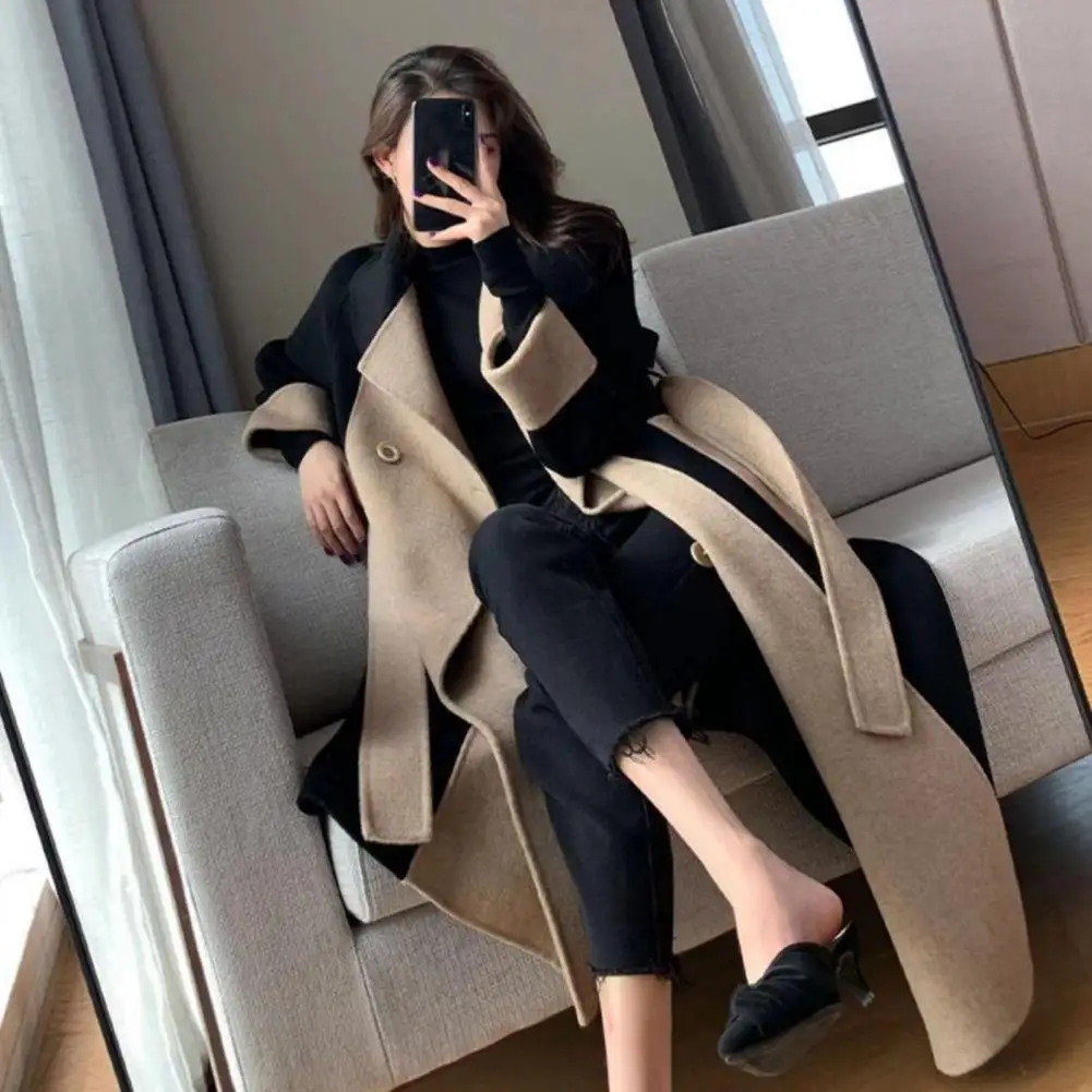 Women Jacket with Lapels Stylish Women's Double-breasted Winter Overcoat with Belt Pockets Loose Fit Thermal Long for Commuting