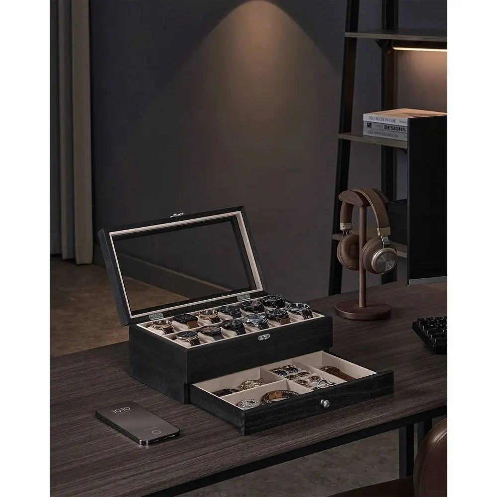Caja para relojes de 12 ranuras, estuche expositor de relojes de 2 niveles con tapa de cristal grande, almohadillas extraíbles para relojes, forro de terciopelo, joyero, idea de regalo