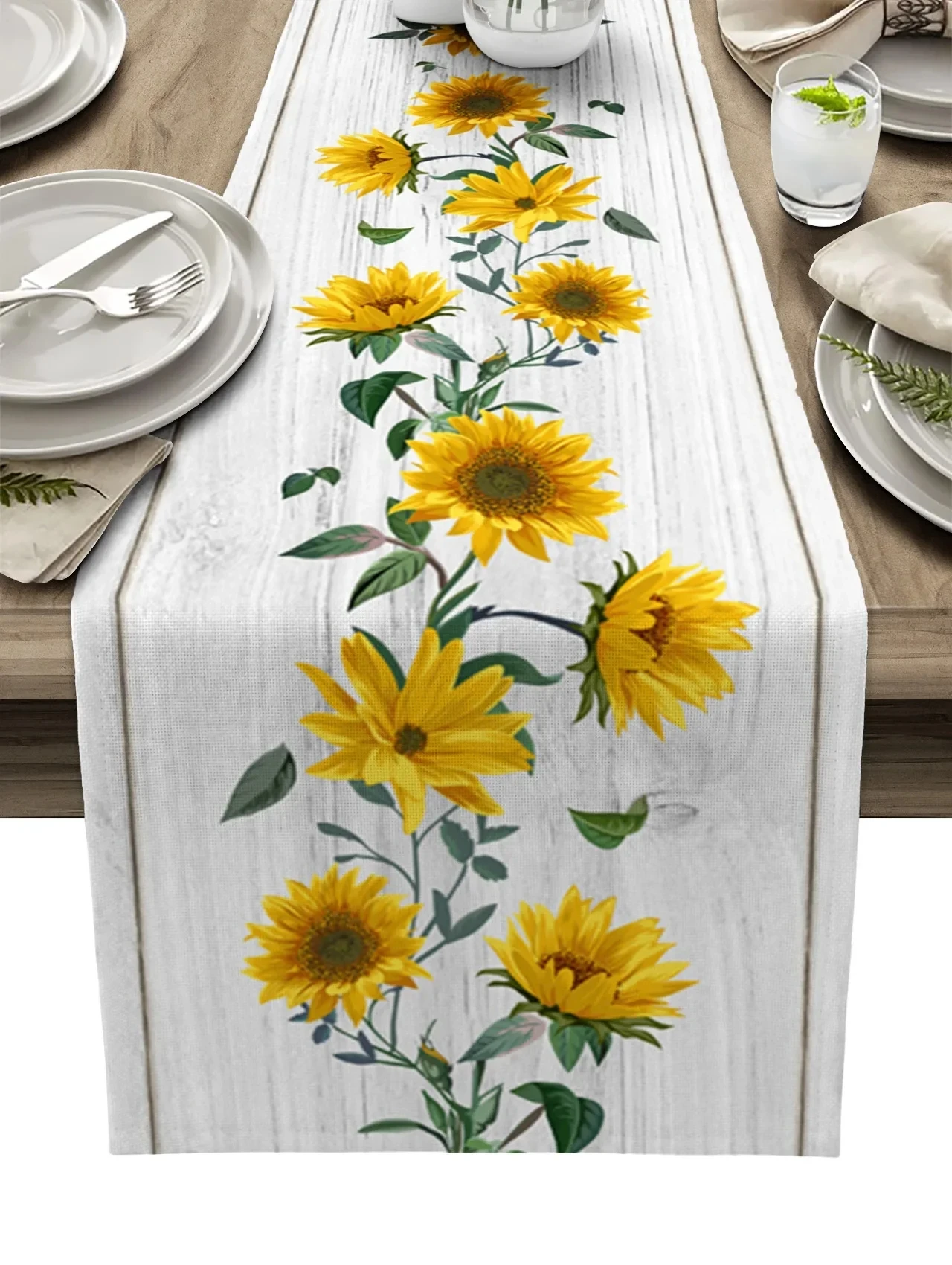 Summer Sunflower Wood Grain Linen Table Runners Dresser Scarves Reusable Farmhouse Kitchen Dining Table Runners Party Decor
