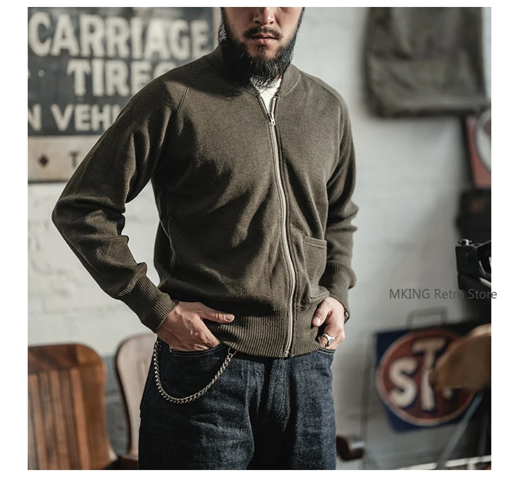 

Rugged Bronson WWII C-2 Olive Green Wool Knitted Zip-up Cardigan, Men's Sweater Cardigan