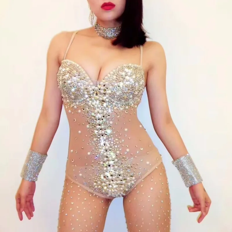 Sexy Mesh Peal Steentjes Bodysuit Vrouwen Nachtclub Transparante Dans Turnpakje DJ Danser Party Show Rave Prestaties Kostuum