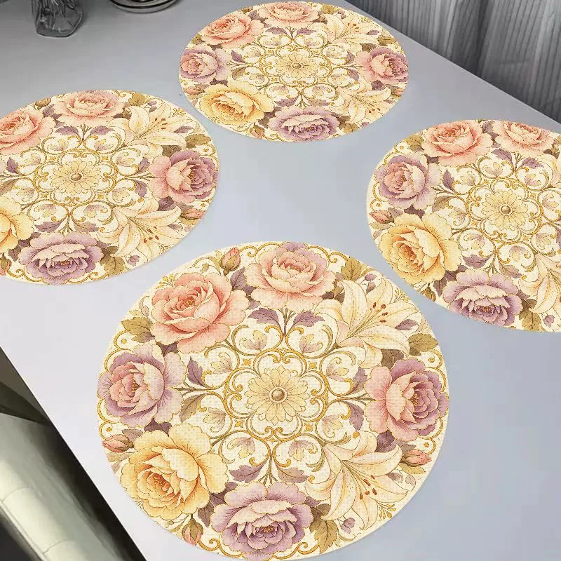 VIKAMA European Retro Pink Purple Rose Mandala Round Linen Placemat With Insulation And Wear Resistance Table Top Decoration