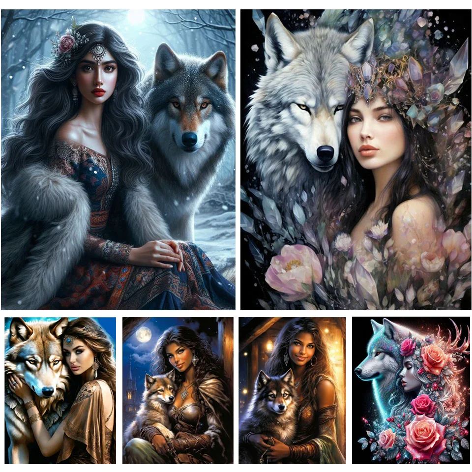 DIY Diamond Painting New 2024 Woman and Wolf Full Diamond Mosaic Cross Stitch Embroidery Kit Cartoon animals Home Decor