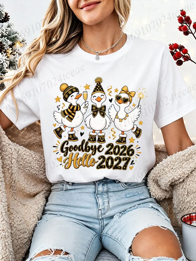 Goodbye 2026 Hello 2027 T Shirt Cute Party Duck Graphic Tee Unisex Short Sleeve New Year Holiday Party Casual Tops Family Gift
