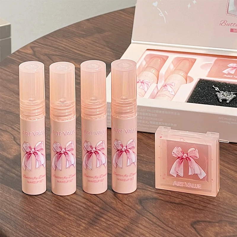 Art Value Butterfly Dance Color Box Four Lip Glaze Blush Set Necklace Lip Mud Blush Set