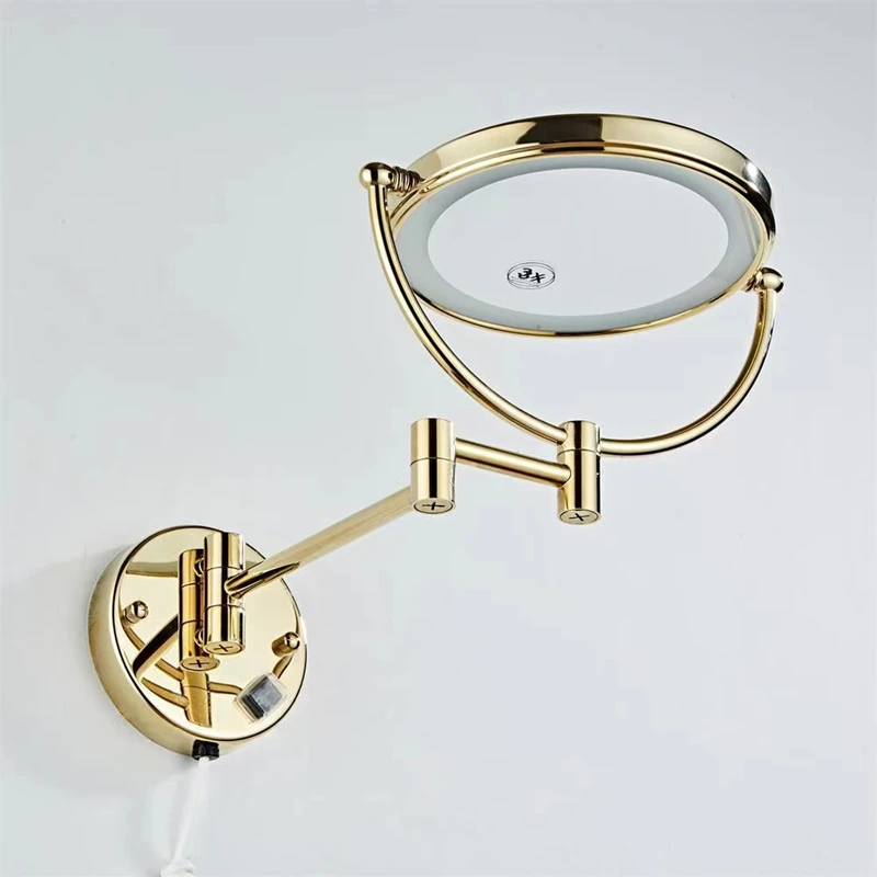 Imagem -02 - Espelhos Redondos de Maquiagem com Led Espelho Cosmético Ouro Zircônio Latão Lado Duplo Lâmpada de Parede Ampliação x x 10 x Estendendo Dobrável