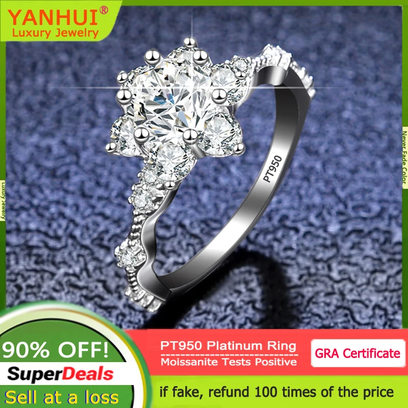 

YANHUI Real PT950 Platinum Moissanite Engagement Ring Brilliant VVS Diamond Halo Wedding Band for Women Sunflower Promise Ring