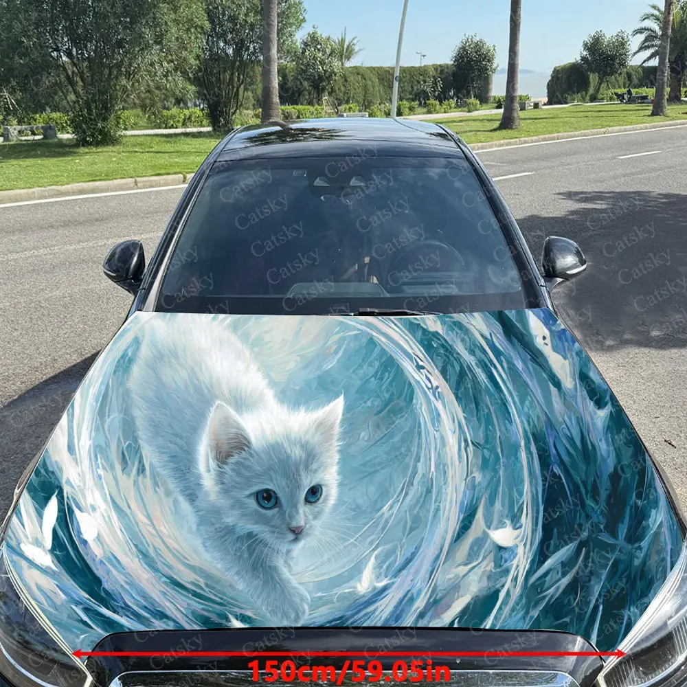 Adorable Dreamy Blue Wave White Cat Car Cover Sticker, Auto Hood Decal, Car Exterior Scratch Resistant Decal, Trendy Gift for Ca