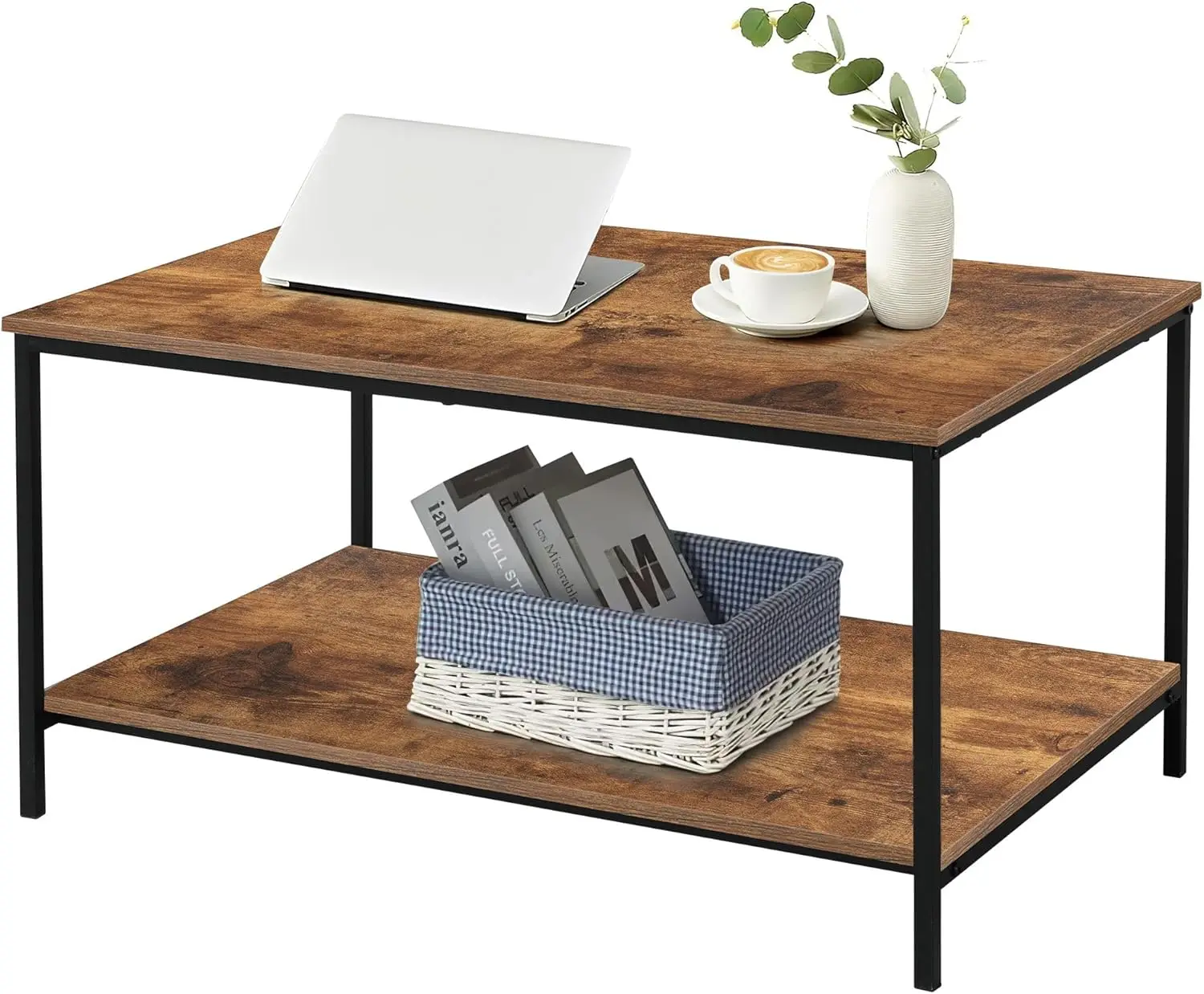 

Small Brown Rectangle Wood and Metal Coffee Table with Storage Shelf for Small Living Rooms Wide Application Easy to Assemble