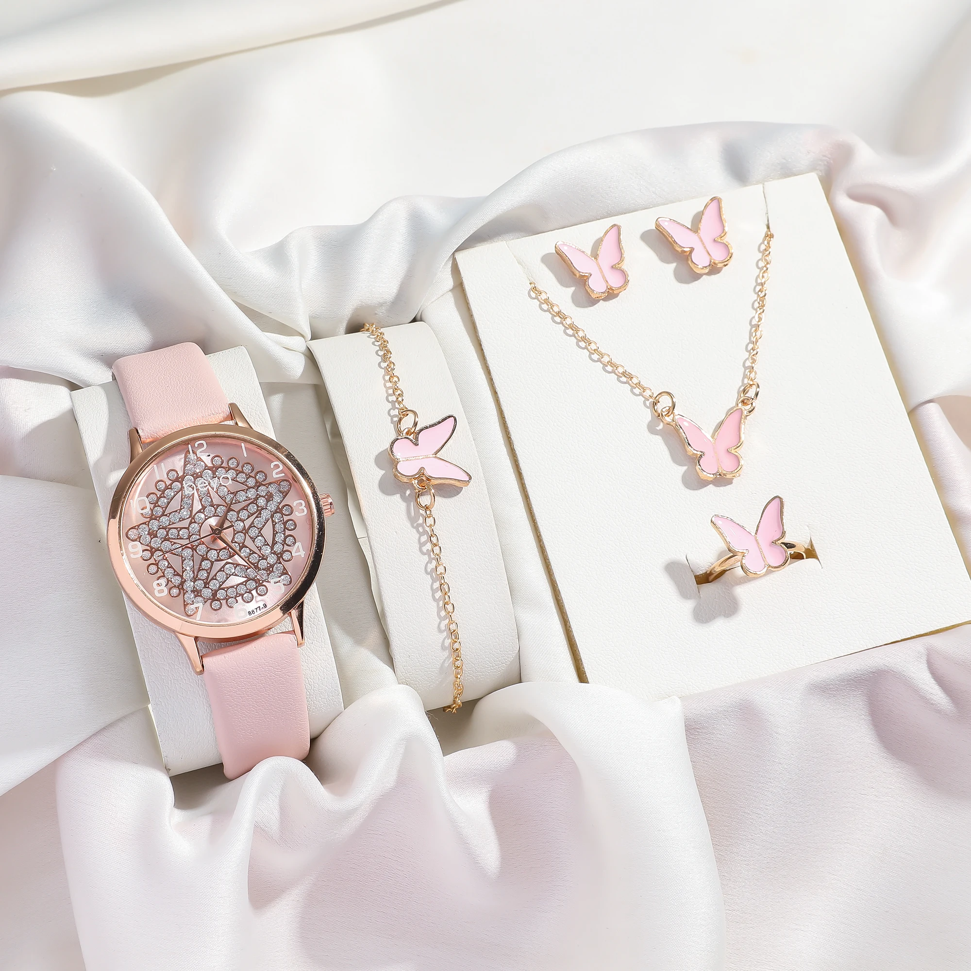 5 قطع/مجموعة ساعات كوارتز بناتي وردية اللون طقم مجوهرات سوار على شكل فراشة؛ مناسبة لتقديم هدايا العيد؛ لا يوجد صندوق هدايا. #5