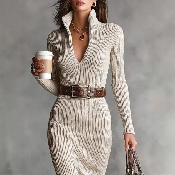 Neues, einfarbiges, geripptes Strickkleid für Damen, sexy, mit tiefem V-Ausschnitt, ausgeschnittenen Details, Schärpen, Partykleid, lässiges, langärmliges, figurbetontes Kleid