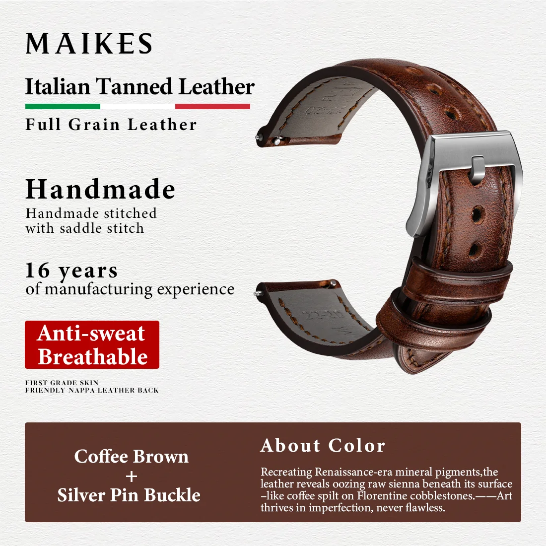 MAIKES Handmade Watch Band 19m 20mm 21mm 22mm 24mm Italian Tanned Leather Strap Quick Release Watch Accessories