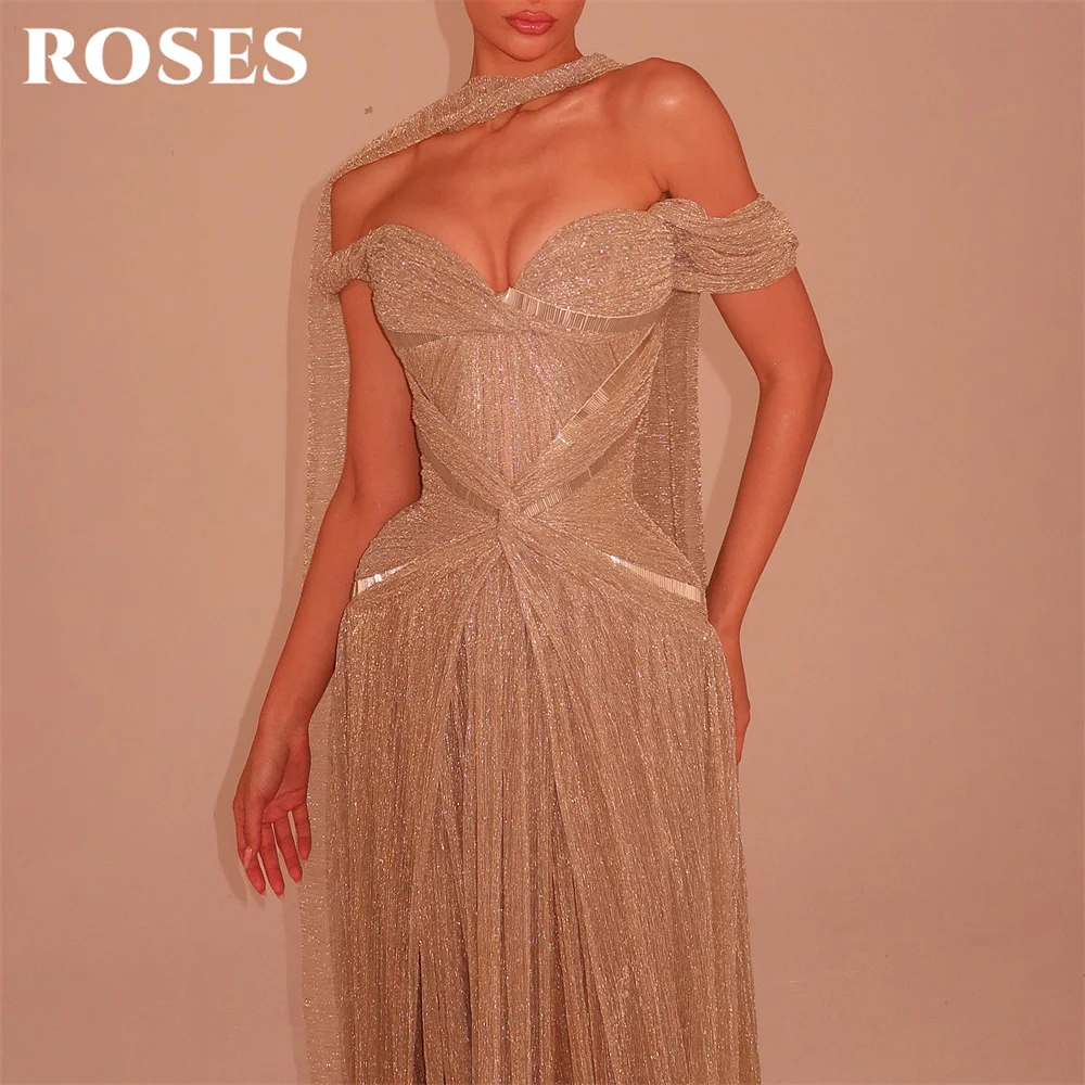 ROSES Champagne Party Dress Off the Shoulder Short Sleeve Evening Dress with Tassel فساتين السهرة Gala Dress Customized - view 4