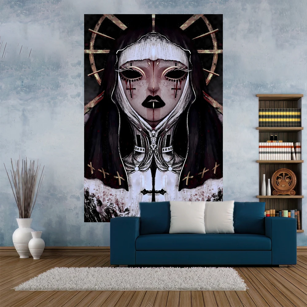 

Horror Nun Tapestry Hippie Illustration Printed Room Home Decor Wall Hanging Carpets Dormitory Background Cloth