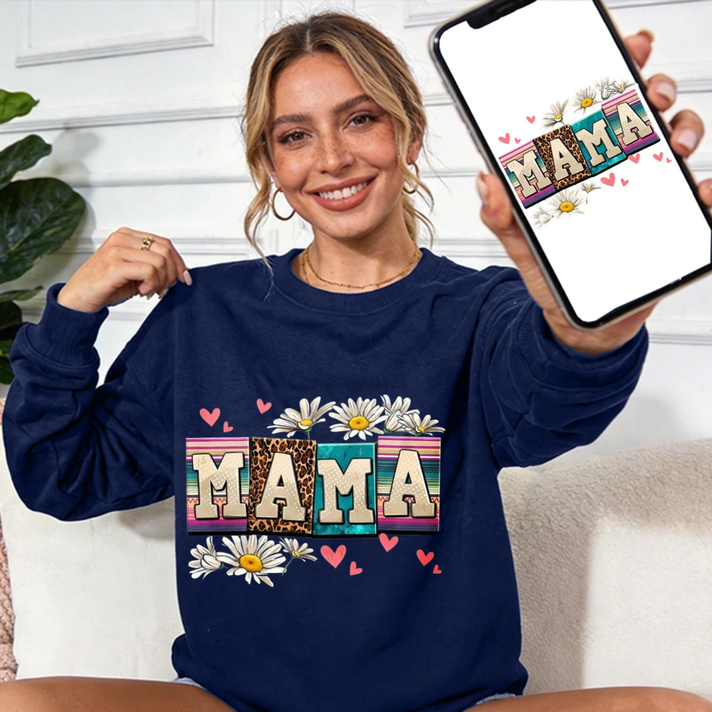 

Western Boho Mama Winter Sweatshirt Daisy Leopard Print Crewneck Retro Striped Pullover Cozy Casual Mom Gift for Mother’s Day