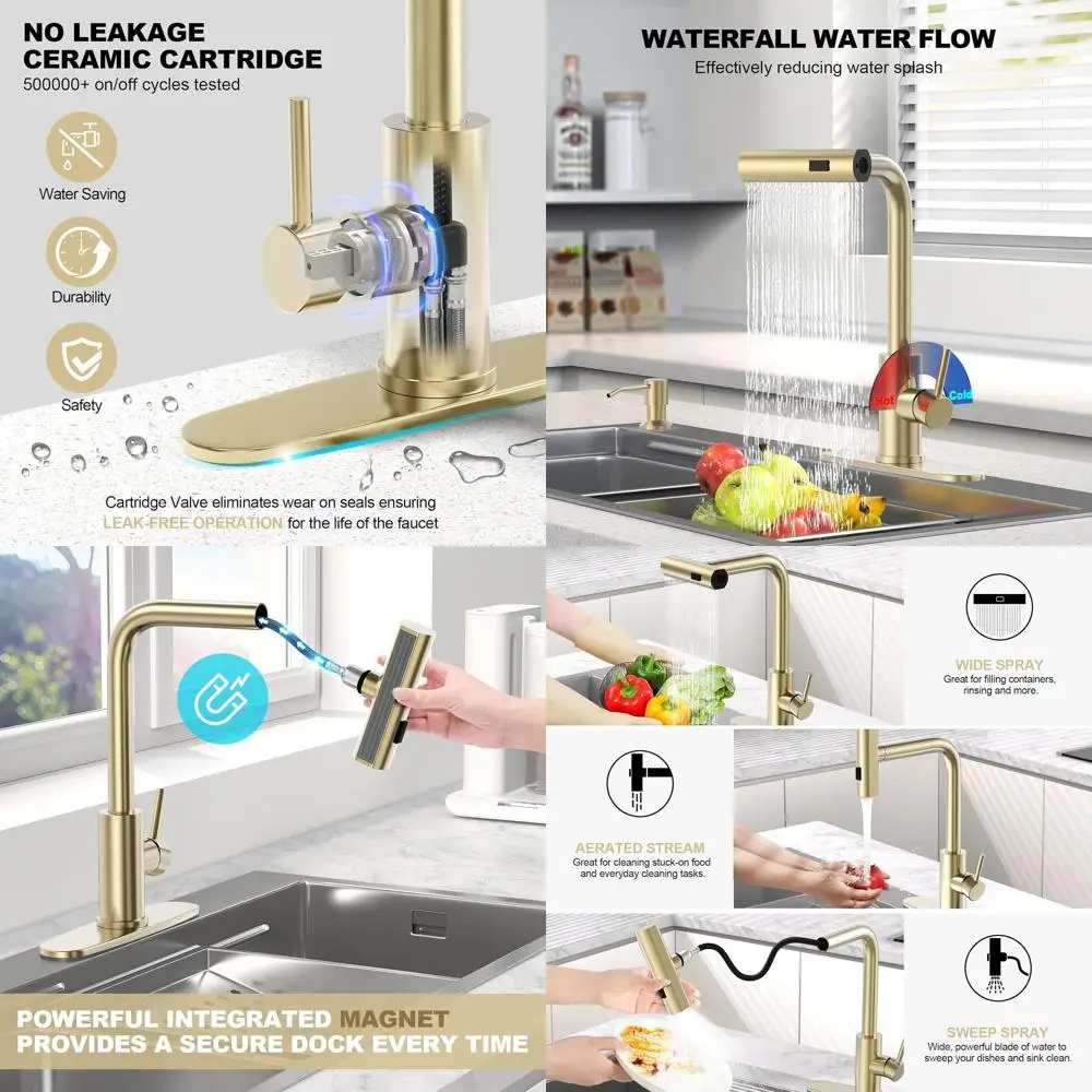 

Pull-Down Sprayer & Soap Dispenser Kitchen Faucet in Brushed Gold, Single Handle, Stainless Steel, Suitable for Farmhouse, RV, a