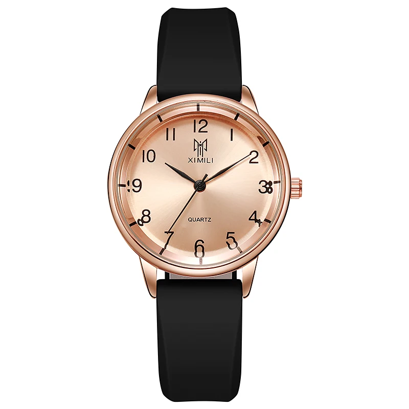 Montre à quartz numérique simple de luxe pour femme, or rose, silicone noir, sport, horloge habillée, cadeau, mode 2024