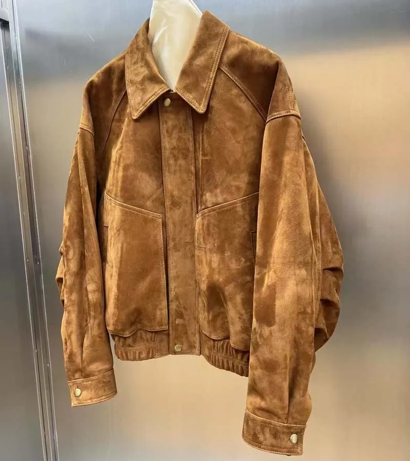 Naturalna kurtka damska z prawdziwej owczej skóry, płaszcz jesienno-zimowy, krótki, zamszowa skóra, kołnierz wykładany, odzież wysokiej jakości.