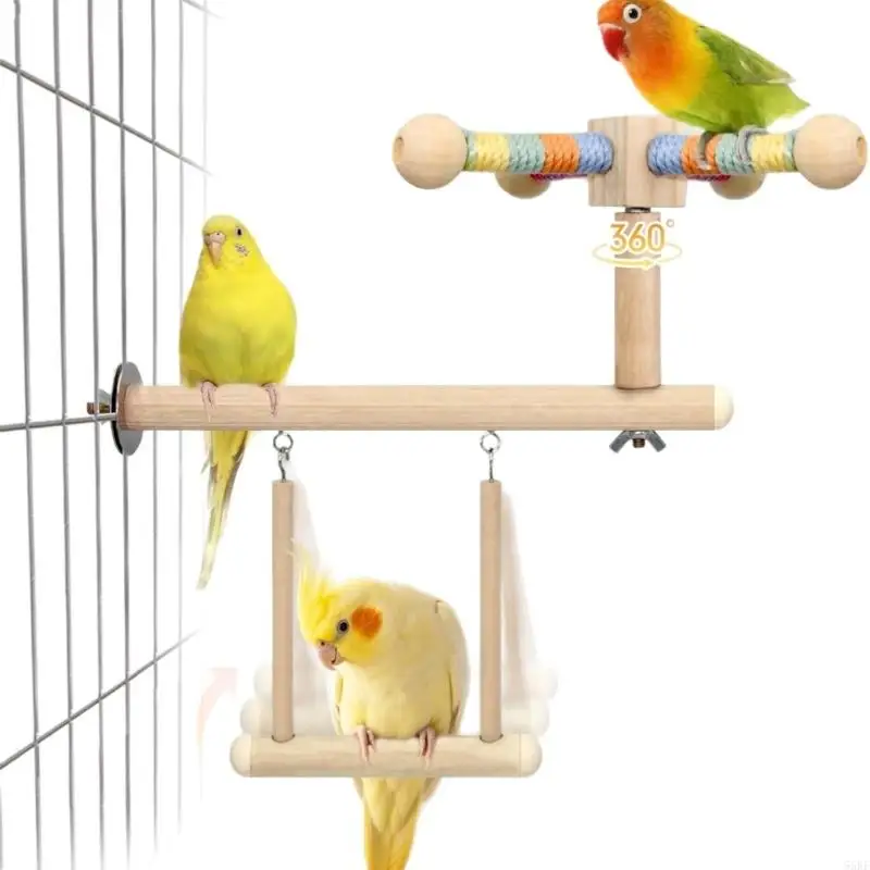 Bird Cage Perch Swing for Small and Parrots, 3in1 Wooden Cage Mount Toy with 360 Rotating Top Perch, Rope Wrapped Grip and