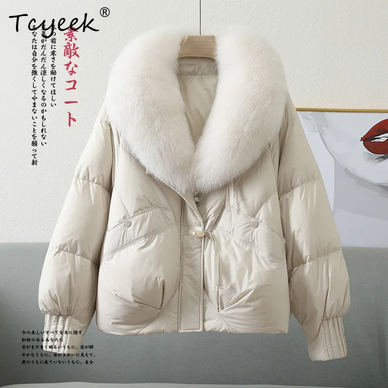 Tcyeek الخريف الشتاء النسخة الكورية الراقية العصرية الخامس الرقبة انفصال الثعلب الفراء المرأة الأبيض أوزة أسفل معطف الفرو Veste فام