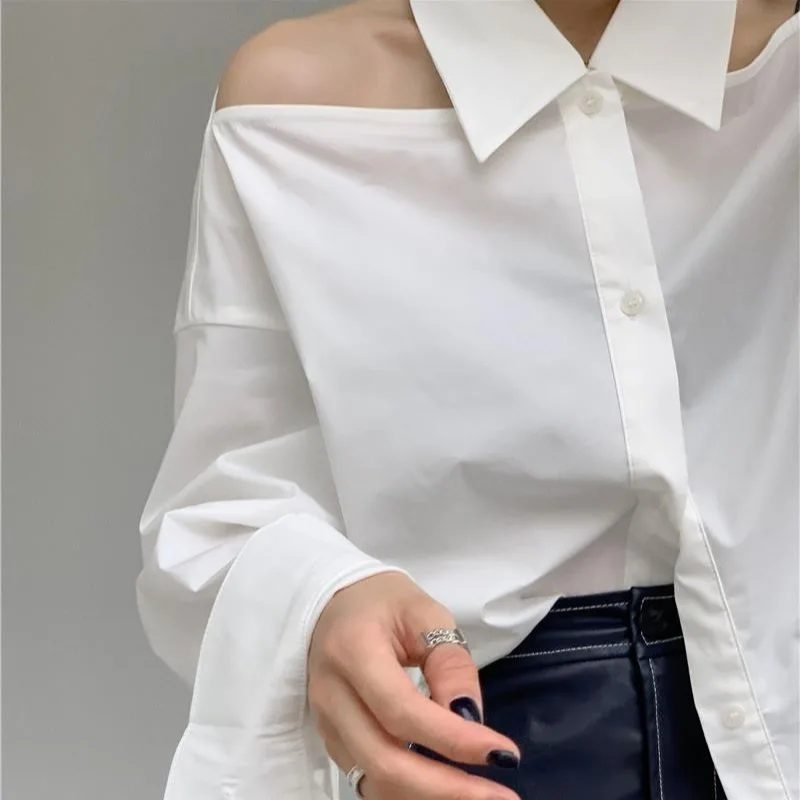 Minimalistische shirts voor dames Off-shoulder Lente Zomer Sexy Chic Casual Wit Hot Girls Ins Koreaanse stijl All-match Solid Design