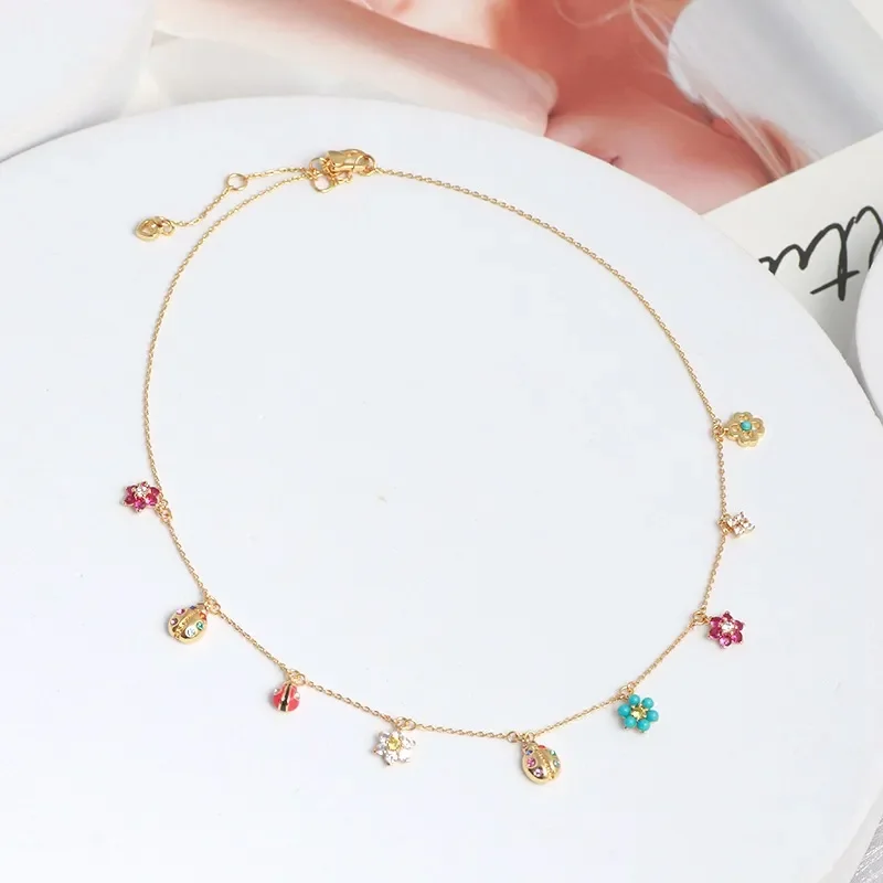 European And American Tide Brand Jewelry Wholesale Fresh Flowers Ladybug Inlaid Colorful Multi-Pendant Necklace