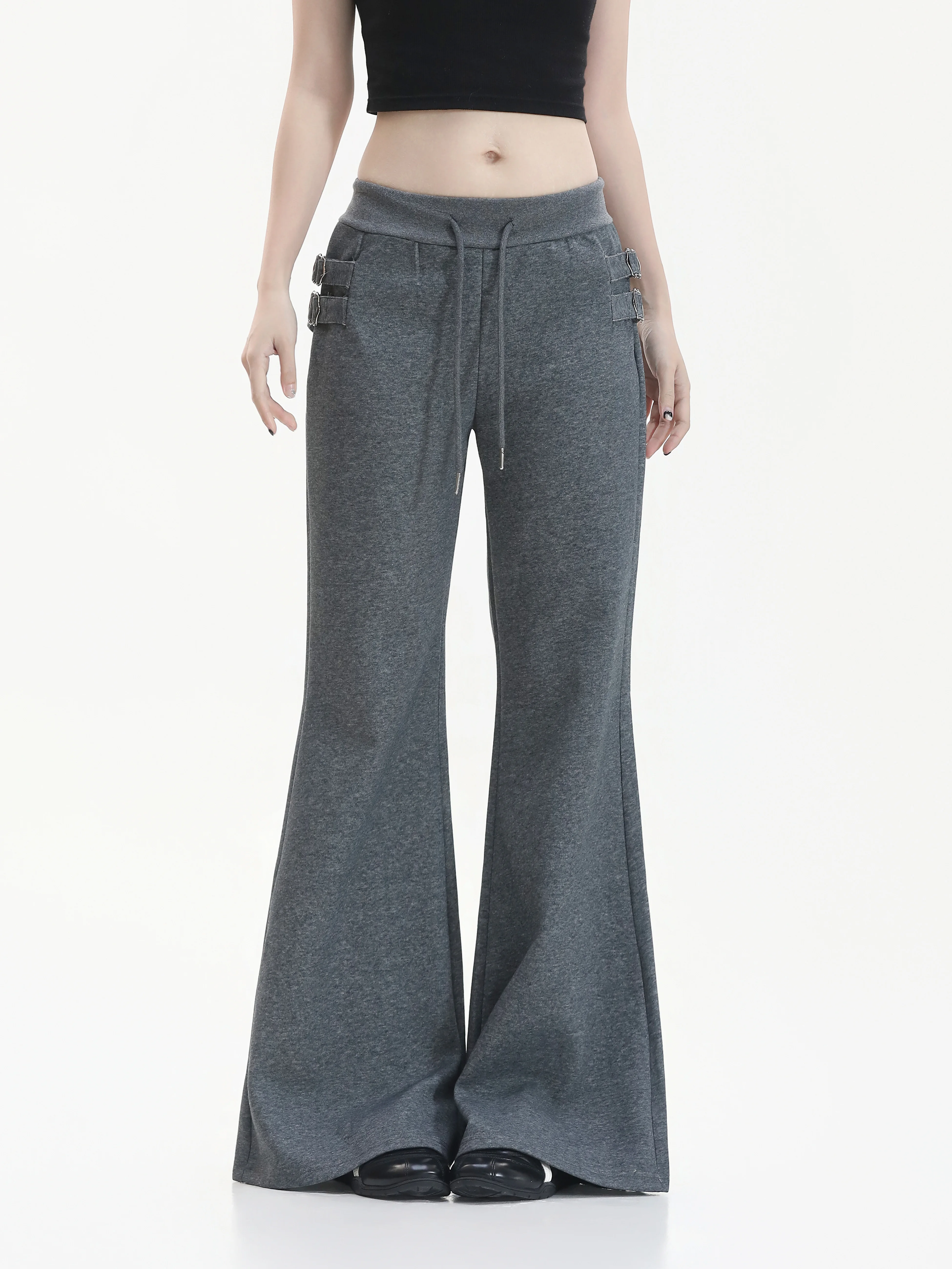 Low Waist Bell Bottom Pants Women's Slim Fit Casual Trousers American Retro Metal Buckle Belted Dragging Pants Trendy