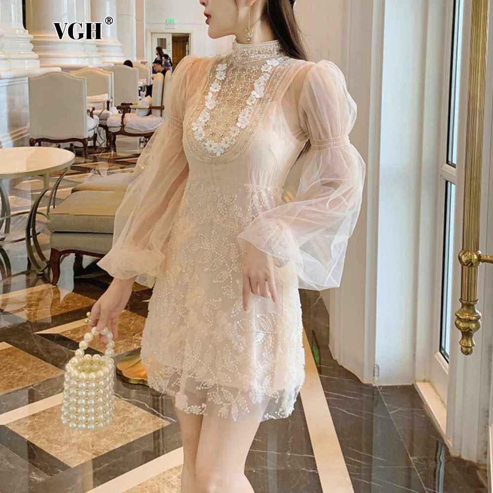 

VGH Elegant Spliced Diamonds Lace Dresses For Women Turtleneck Long Sleeve High Waist Slimming Short Dress Female Fashion New