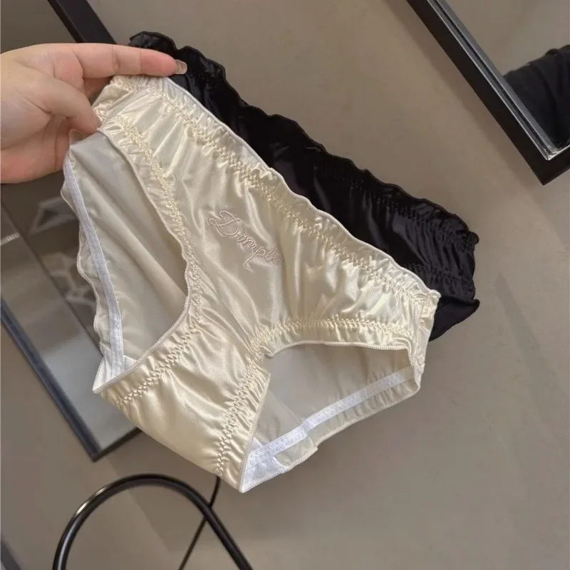 Ropa interior de satén sedoso con letras bordadas para mujer, bragas de tiro bajo, entrepierna de algodón puro, Sexy, puro deseo, levantamiento de
