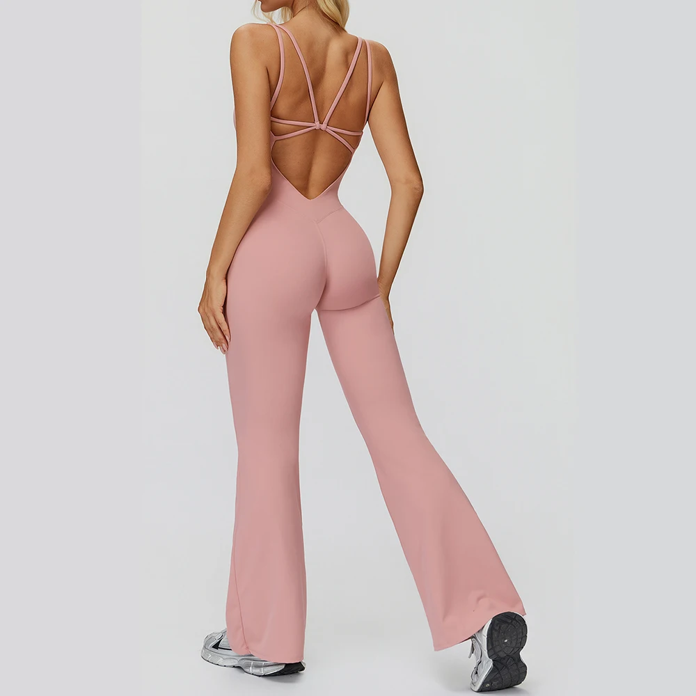 

Sleeveless One-piece Suit Women Backless Sports Jumpsuit Female Flared Rompers Quick Drying Yoga Clothing Workout Bodysuits