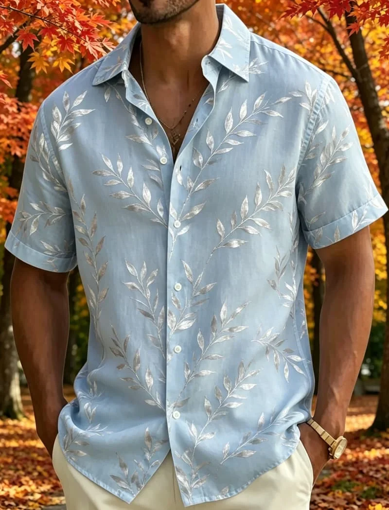 Men Autumn Maple Leaf All‑Over Print Cuban Collar Short Sleeve Shirt Loose Button Up Summer Beach Vacation Casual Tops