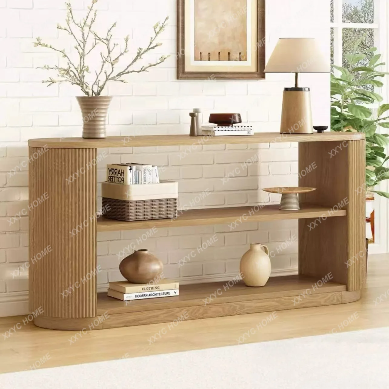Country entrance table Oak open storage multi-layer storage table Villa sofa side table exit
