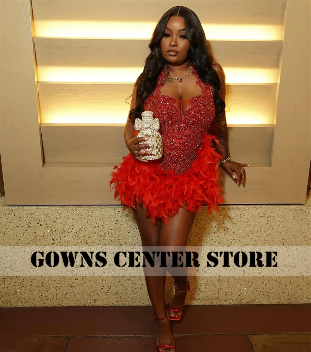 Masked Ball Red Feathers Crystals Halter Prom Dresses For Black Girls African Mermaid Birthday Evening Party Gown Customized