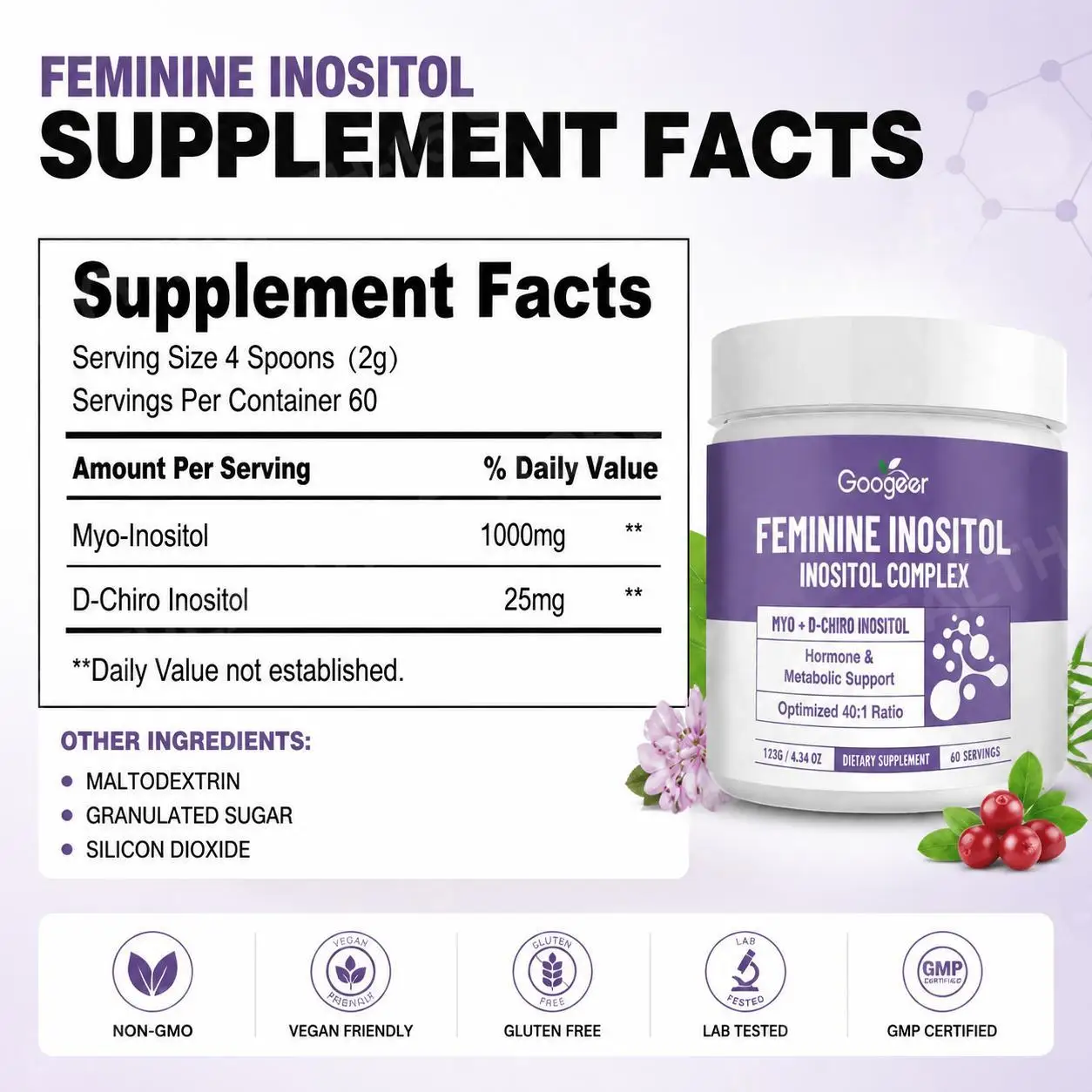 Women's Inositol Complex Powder, Myo & D-Chiro 40:1 Ratio, Hormone Balance & Cycle Support, Metabolic Wellness, 60 Servings