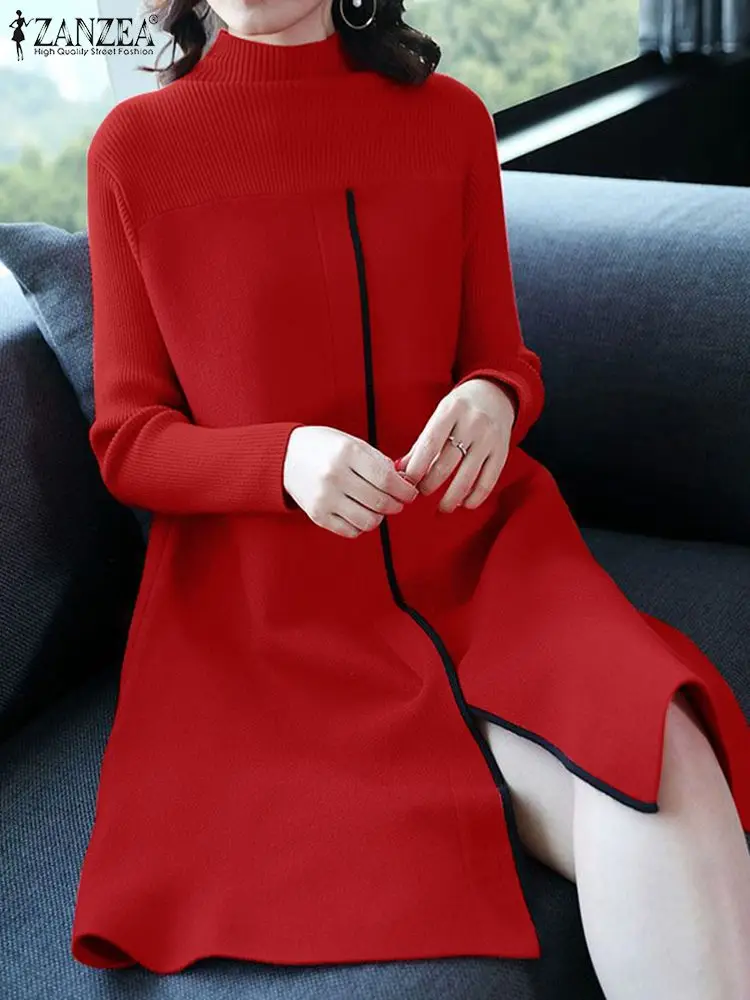 ZANZEA Women Knitted Dresses Vintage Stand Collar Knee-length Vestidos Fashion Long Sleeve Dress Stitching Colorblock Line Robes