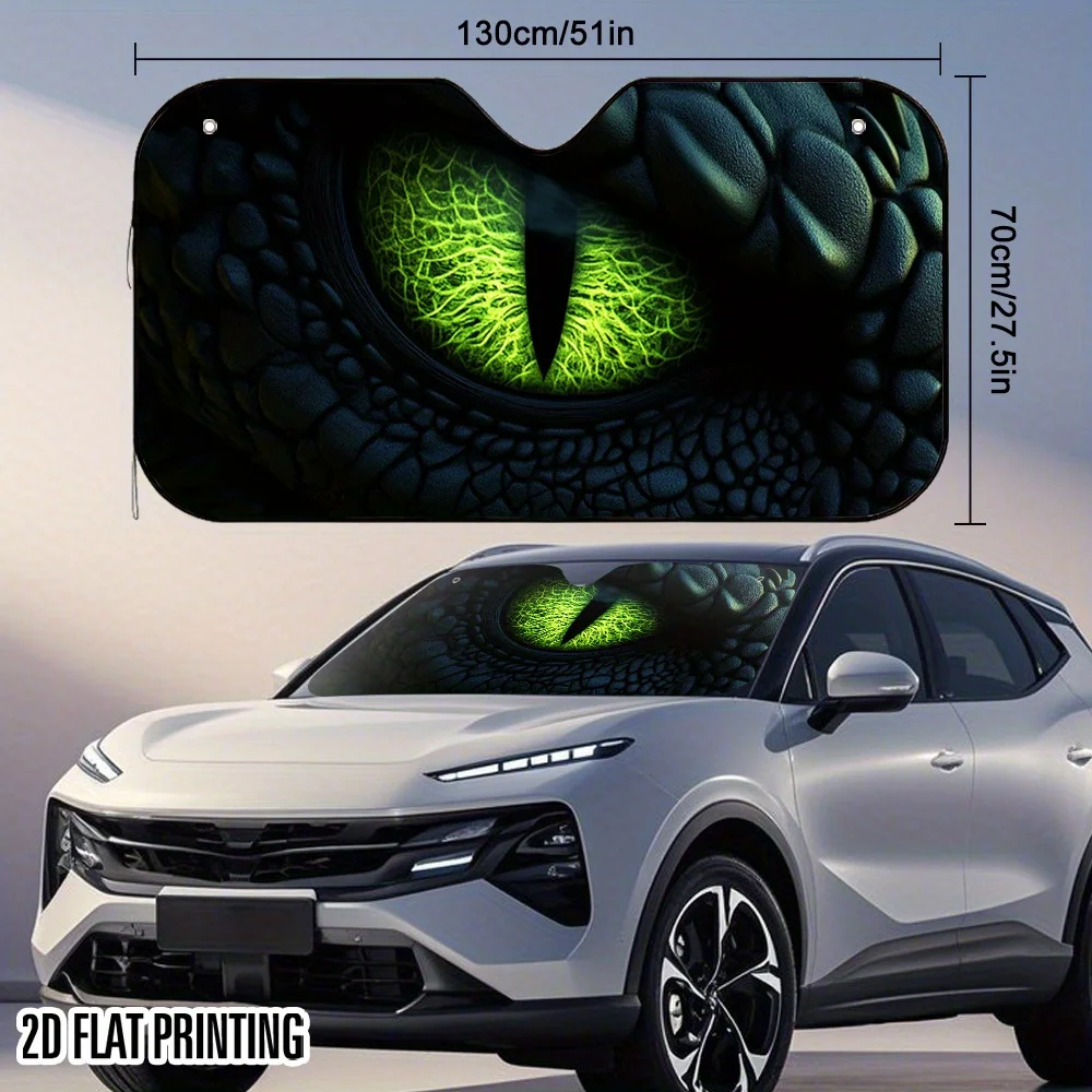 1pc 2D Flat Sparkling Green Dragon Eyes Design Car Sunshade – High-Quality Print, Foldable & Easy To Install, Keeps Car Cool, 4