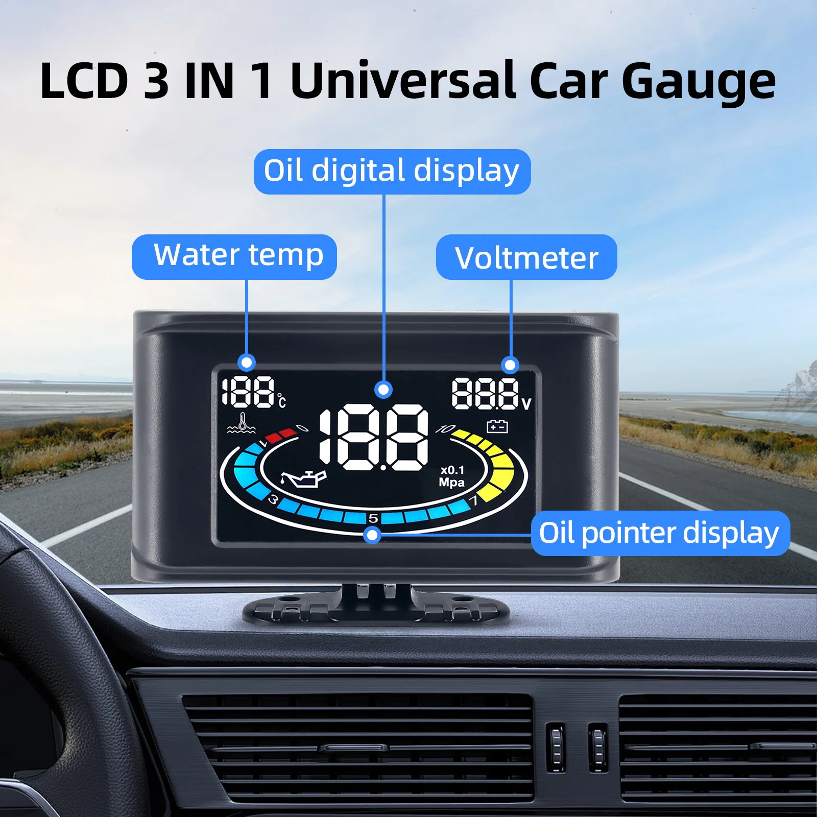 LCD 3 in 1 Gauge Oil Pressure Gauge + Voltmeter Voltage Gauge + Water Temperature Gauge Sensor 10mm npt 1/8 oil press meter 12v