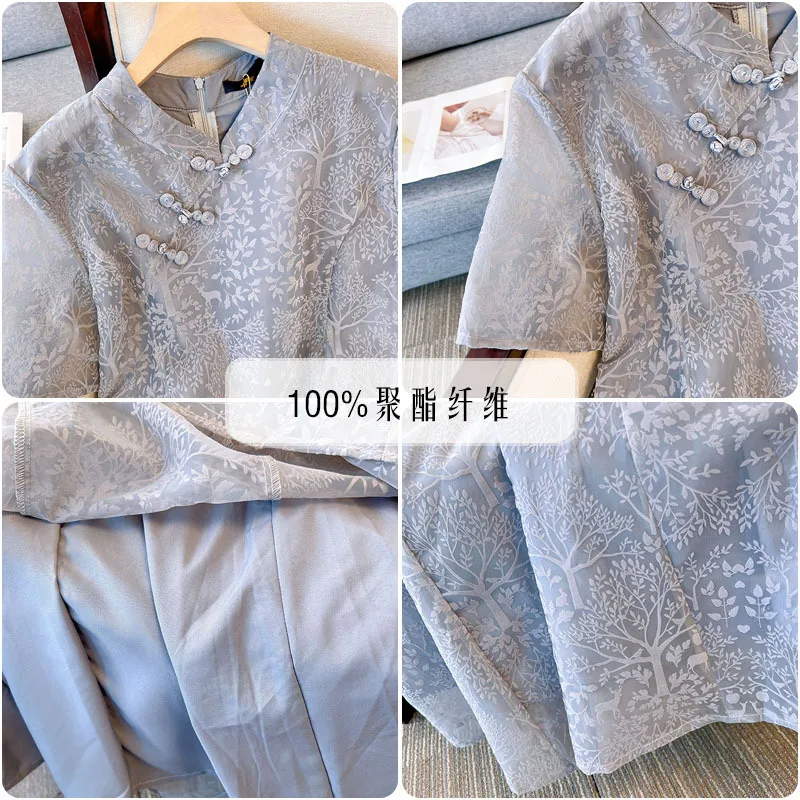 150Kg Plus Size Women's Improved Embroidered Cheongsam Bust 151 Summer Loose V-Neck Short-Sleeved Dress Gray Big 6XL 7XL 8XL 9XL