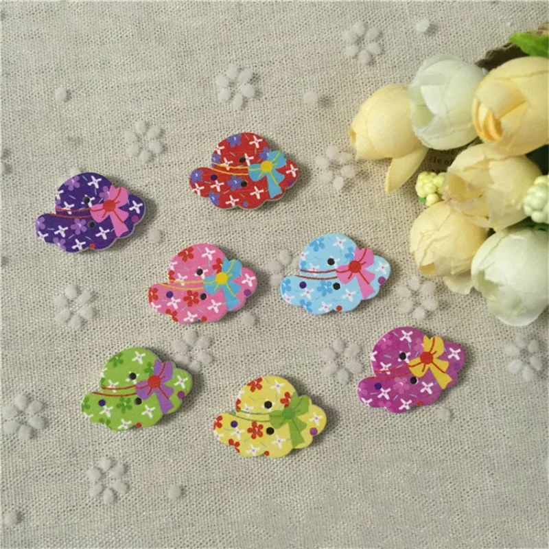 

20mm Cute Painted Hat Shape Wooden Buttons DIY Handmade Cartoon Decoration Accessories Children's Clothes Decoration Buttons