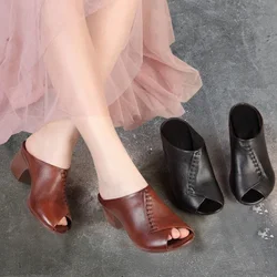 Thick-heeled Soft Leather Outer Slippers Fish Mouth Comfortable Versatile Mid-heeled Women Sandals Women's Mother's Shoes Women