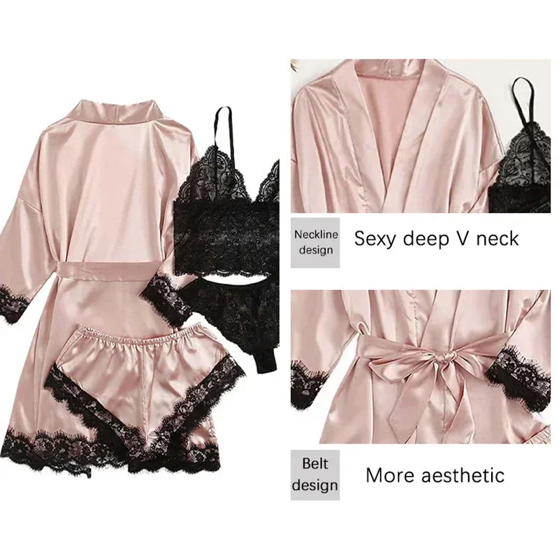 4 Pieces Woman Sleepwear Pajamas Ser With Robe Sexy Lace Lingerie Bathrobe Silk Satin Home Clothed Nightwear Robe